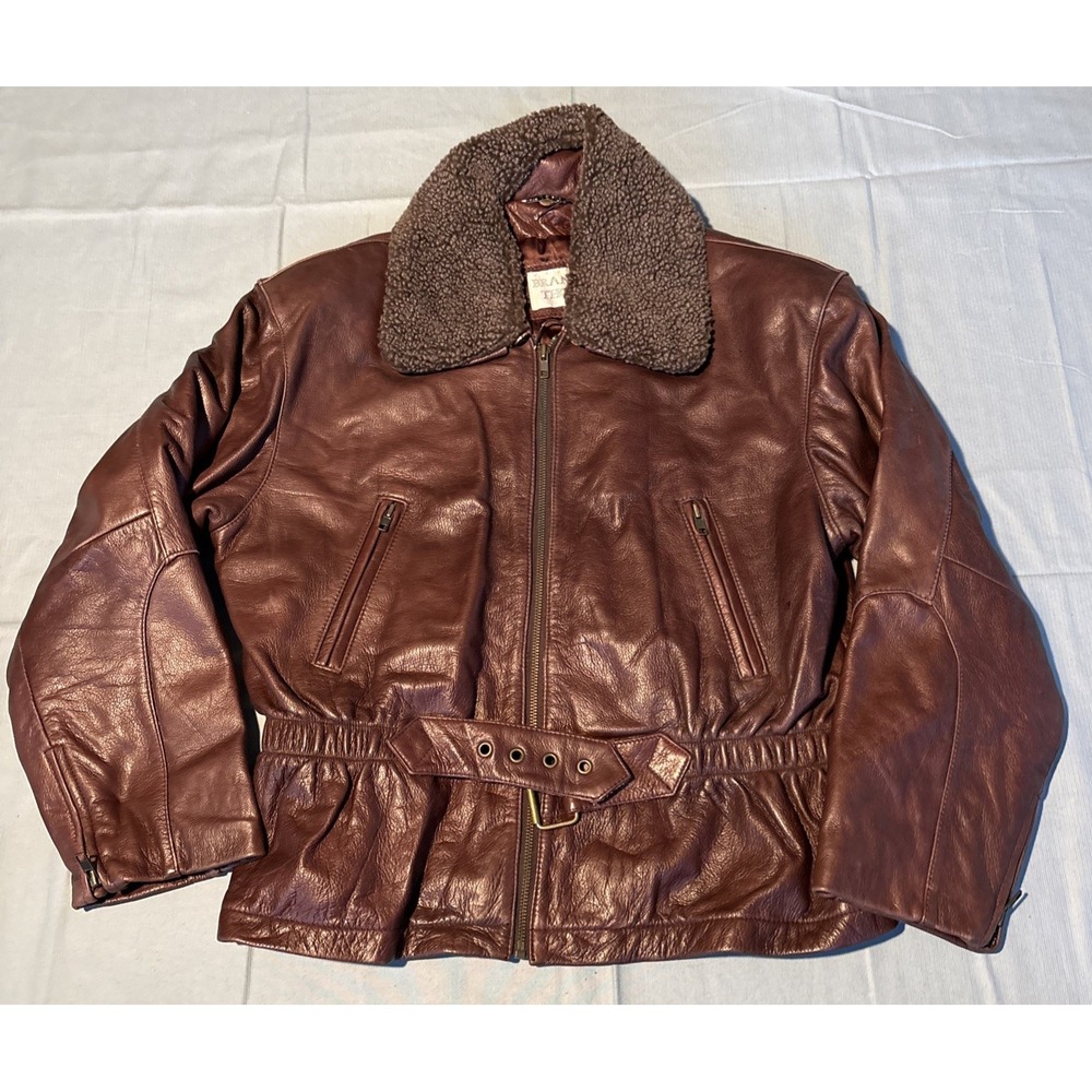 Brandon Thomas Mens Leather Bomber Jacket Brown Faux Shearling Collar Belted M